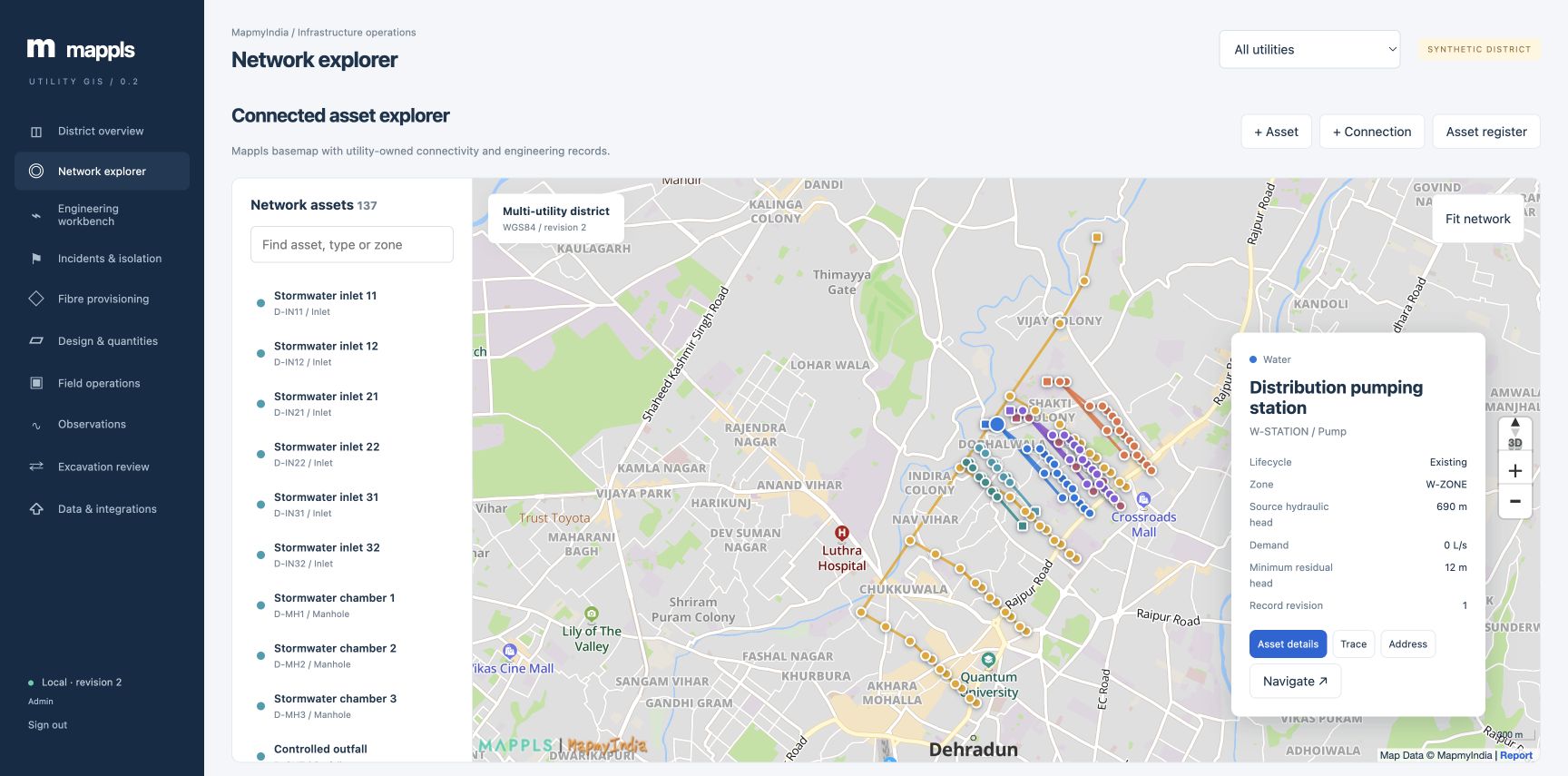 Mappls utility console showing connected equipment and utility networks on the map